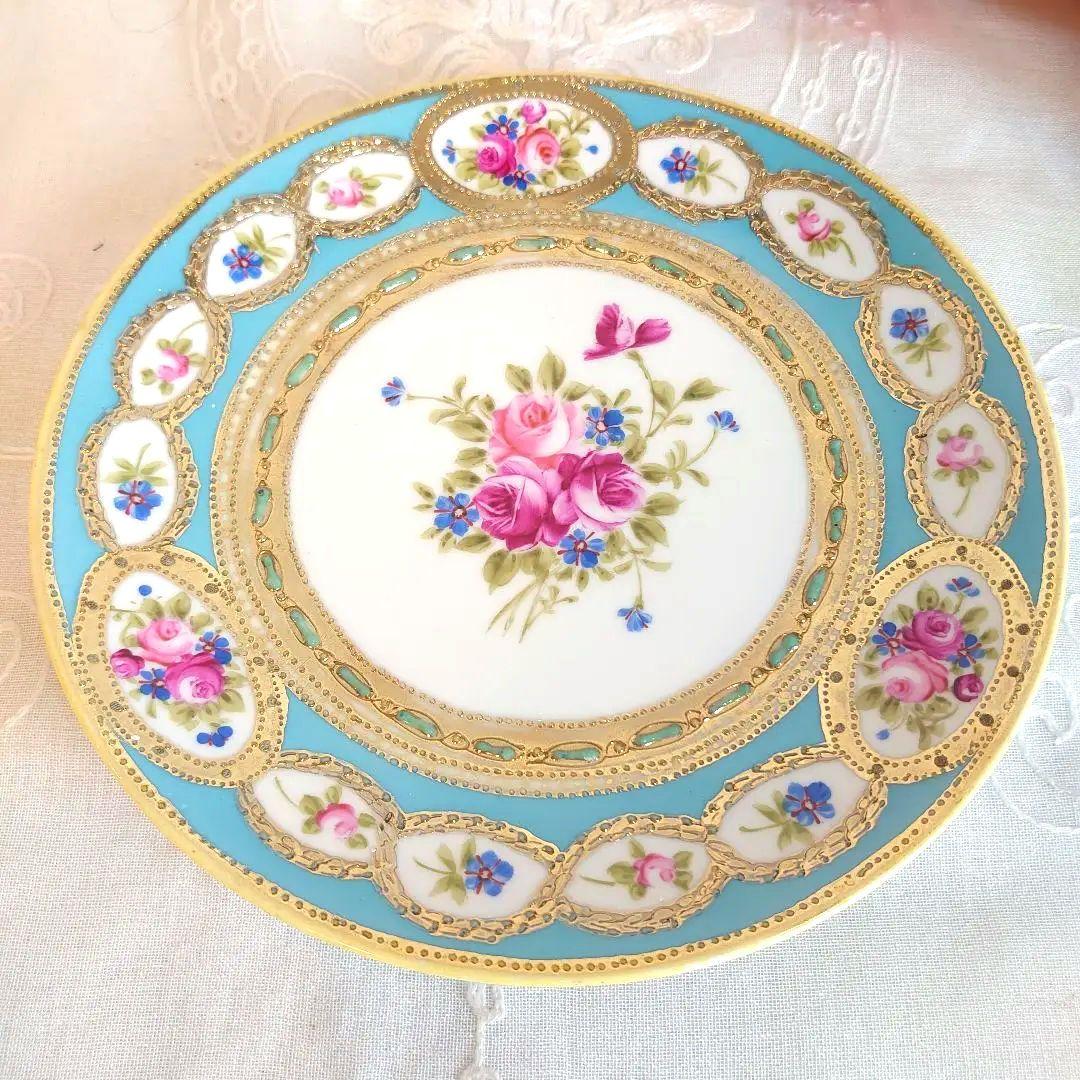 オールドノリタケ　ビジュー　薔薇絵図　皿　ハンドペイント オールドノリタケ 薔薇絵 大皿 金盛 オールドノリタケ オールド