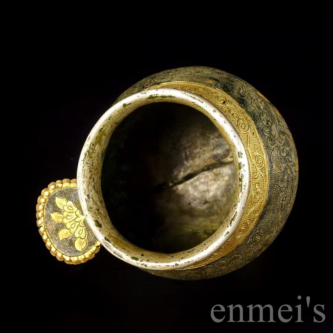 中国古美術 唐風 描金 純銅製 鏨刻罐 供物器 細密細工 置物 賞物 擺件