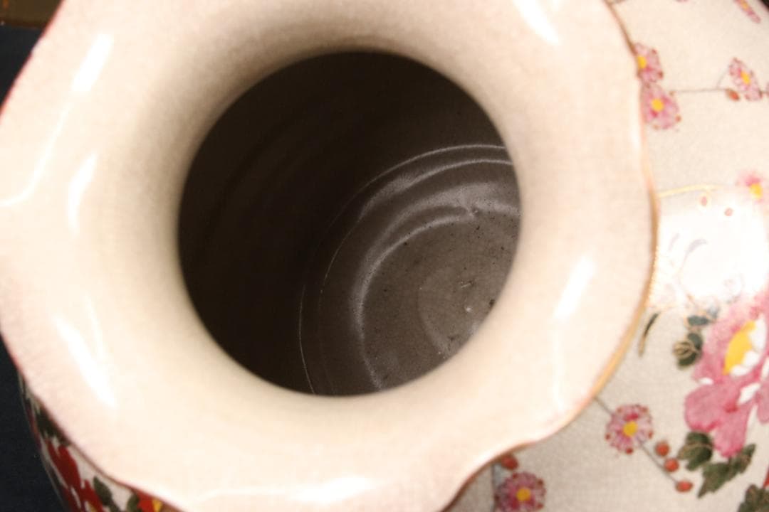 薩摩焼 勇仙作 色絵金彩花鳥図獅子耳 大花瓶 花器 壷 高さ38cm BE716