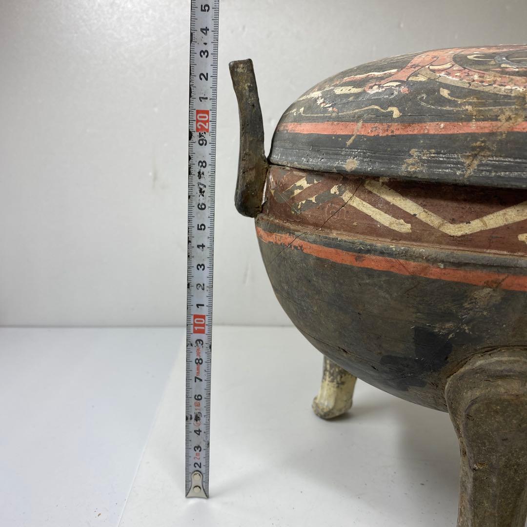 中国漢時代 彩陶加彩蓋付 三足土器 高さ22.5㎝ タトオ 東な7-0304②