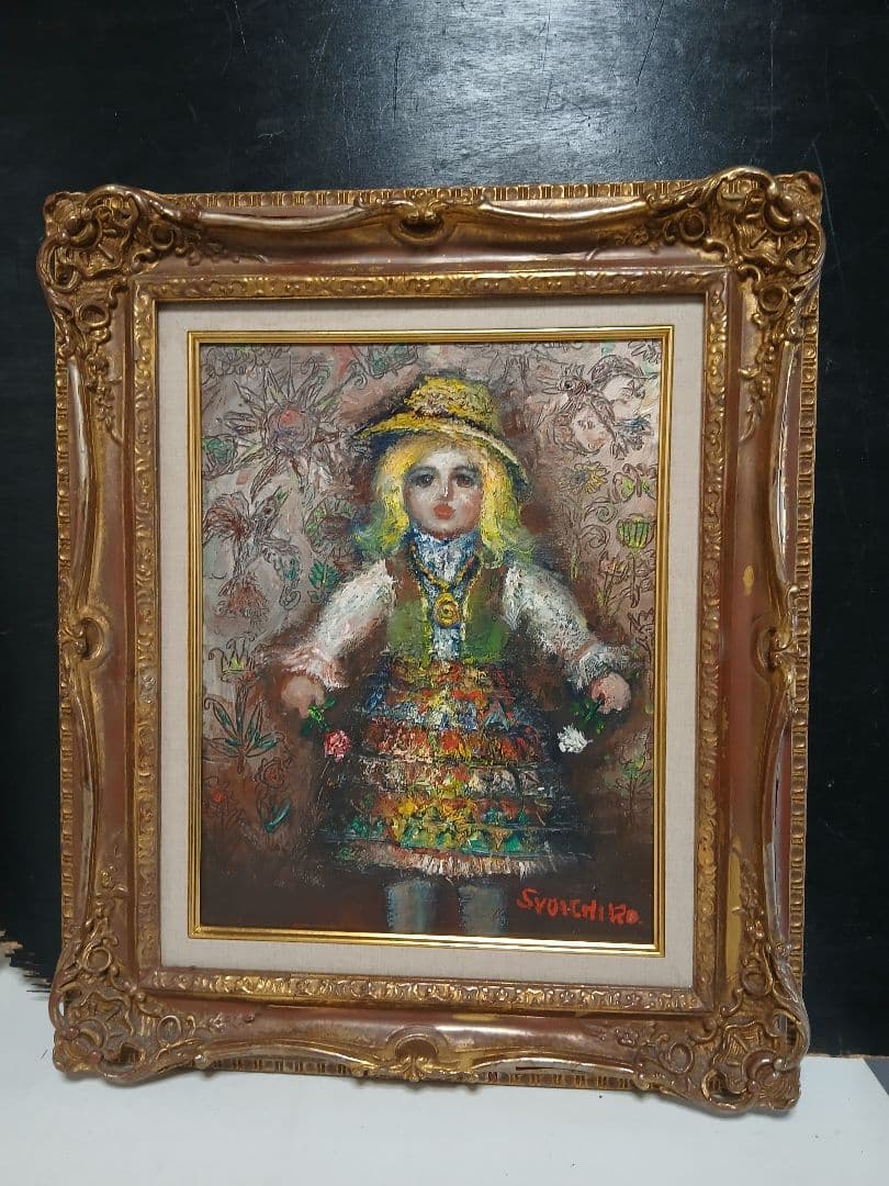 油彩画　人形　F6号『竹中　尚一郞』作者　・額サイズ495×590 ゴールド 油彩額 アートボックス 立体額 深さ21mm ダブルフレーム ゴールド F6