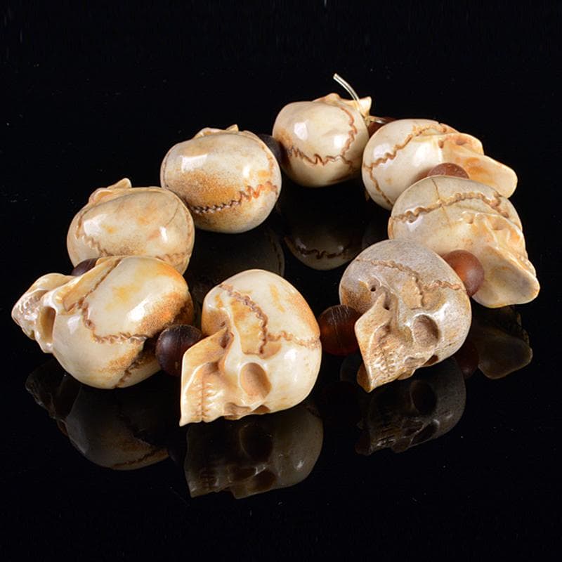 仏教美術　玉石獣骨彫刻　骸骨　数珠　念珠　G　R6151 浄土真宗 男性用 数珠 髑髏彫り 柘植 紐房 - 数珠 京念珠 専門店 念珠