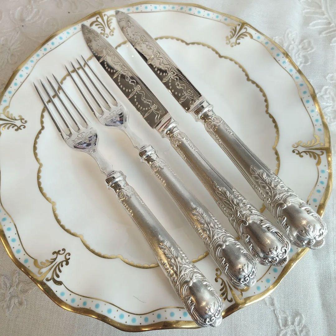 イギリス　アンティーク　シルバー　カトラリーセット　ナイフ　フォーク 英国アンティーク 白蝶貝 純銀&ステンレス フルーツナイフ&フォーク