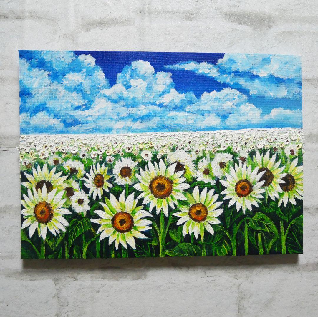 油絵 油彩 油彩画 絵 絵画【夏の白いひまわり畑】 油絵 油彩 油彩画 絵 絵画【夏の向日葵畑】 絵画 HR 通販 17960857