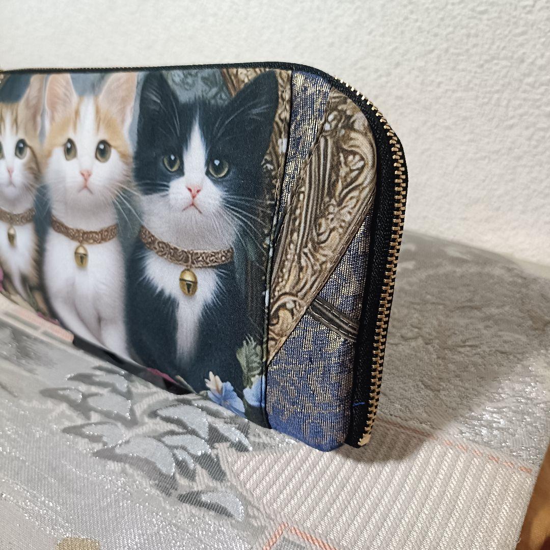 444】猫ちゃん柄パネル生地 帯 ハンドメイド L字型長財布ファスナー