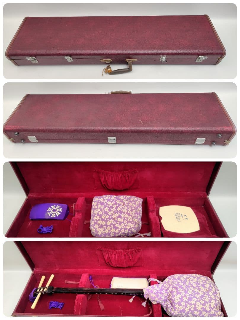 C059 【中古】三味線（子持ち綾杉／金細／二本溝）ケース・付属あり