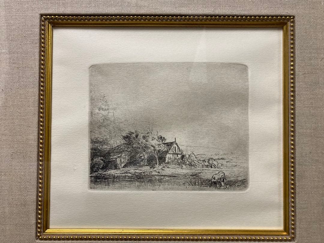 銅版画・エッチング【レンブラント】 「牛のいる風景」黄袋付き・豪華