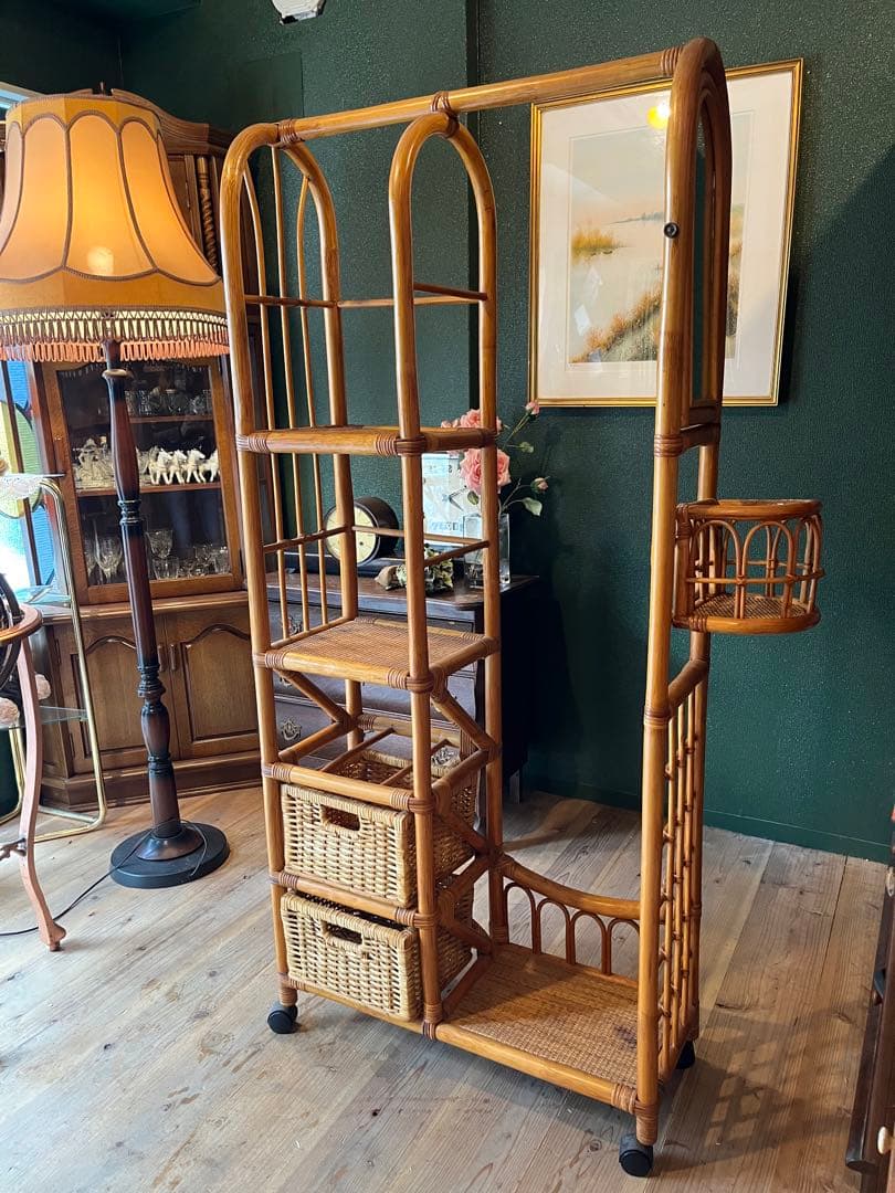 ミラー付 籐 ラタン ハンガーラック インテリア 昭和レトロ 引き出し収納 ハンガーラック ミラー扉収納付き W600 D400 H1560 ミラー付き 収納