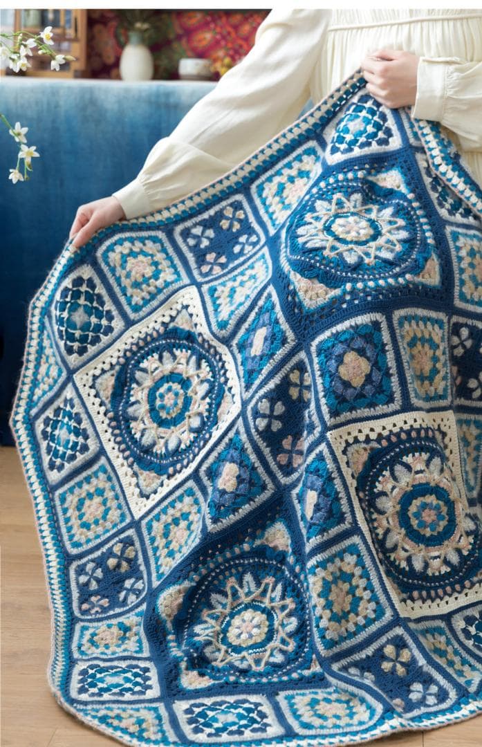 かぎ針編み 藍染 グラニースクエア マルチカバー ひざかけ こたつ