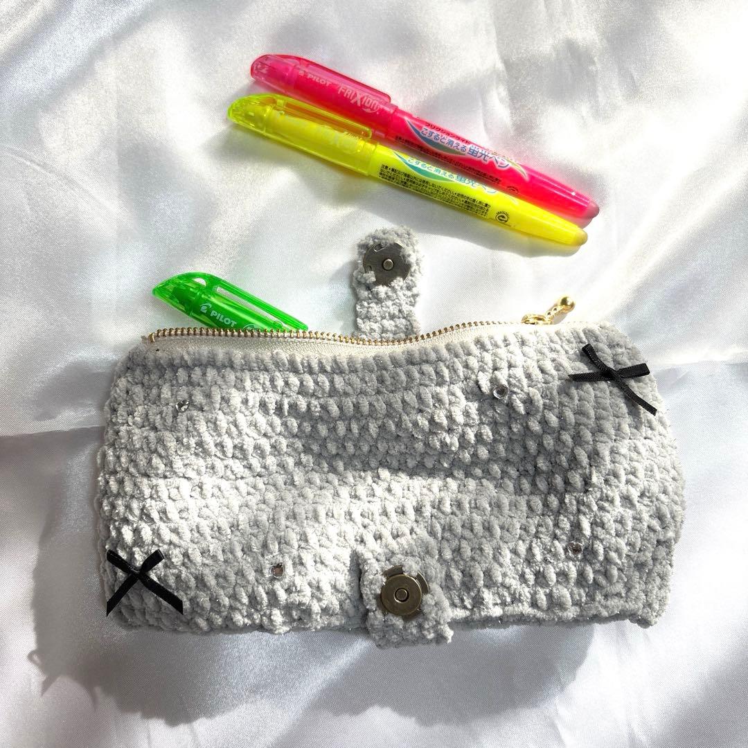 リボンペンケース グレー プリンセスモール 編み物 かぎ針編み リボン