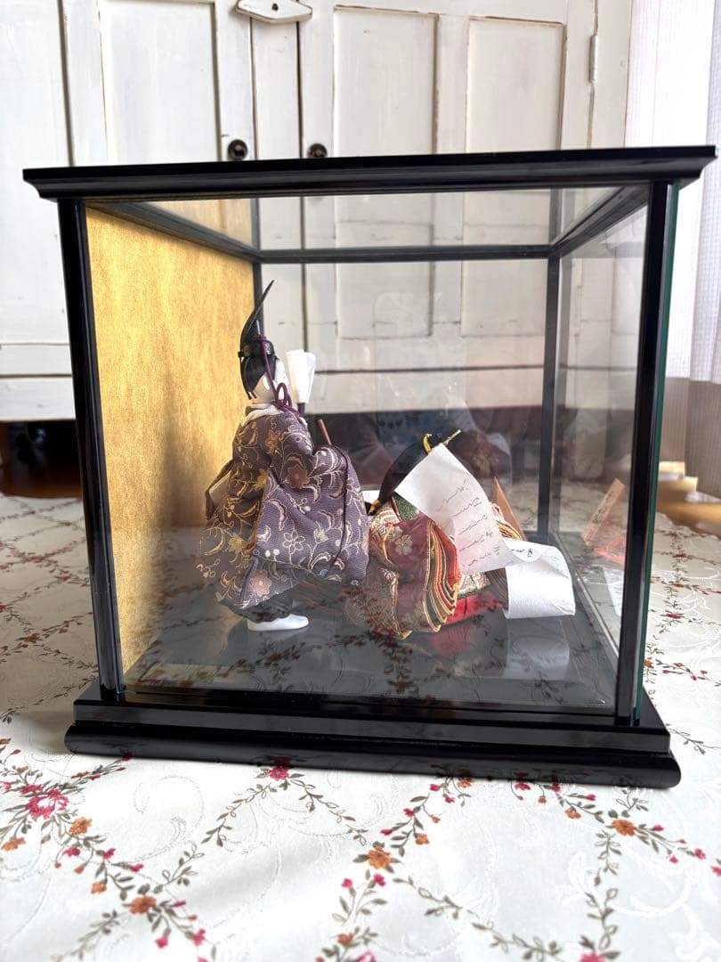 雛人形 コンパクト ガラスケース付 親王飾り 立雛 桜 十二単 油灯 柴田