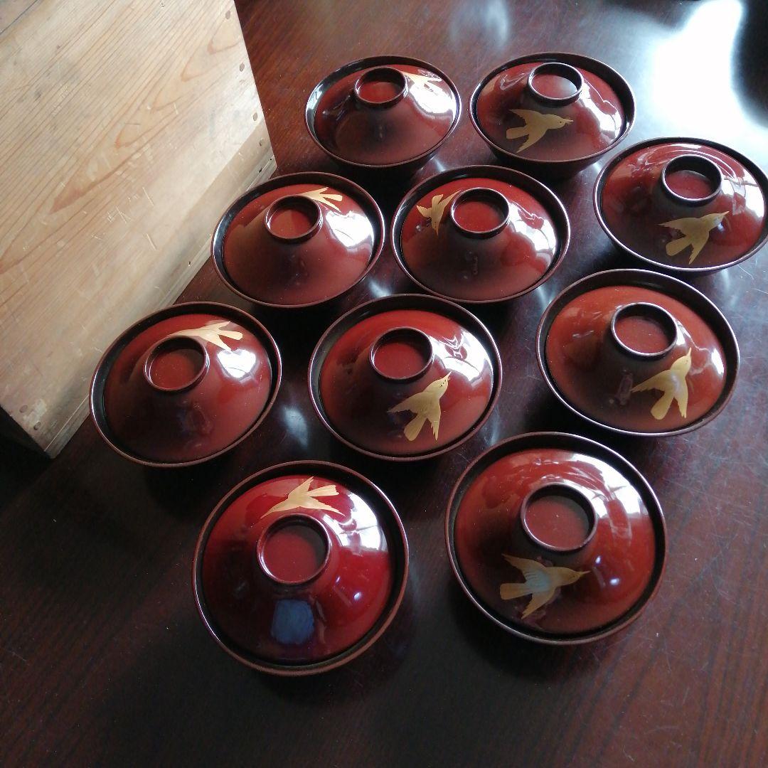 木製漆器　金彩飛鳥画蓋付椀　10客　13cm　大正～昭和初期　【椀中ヤケあり】 大正時代 木製漆器 蓋付汁椀 10客 菓子椀 松竹梅 漆沈金蒔絵 木箱付