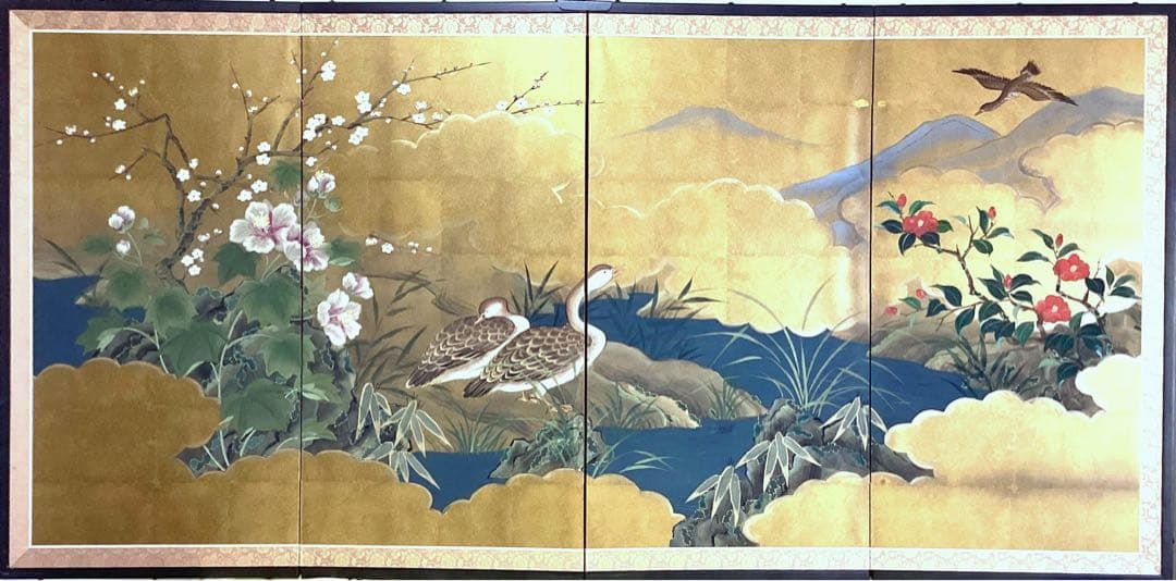四つ折り屏風　日本画　金箔彩色　『鴨に梅・芙蓉』 四つ折り屏風 日本画 金箔彩色 『鴨に梅・芙蓉』 - メルカリ