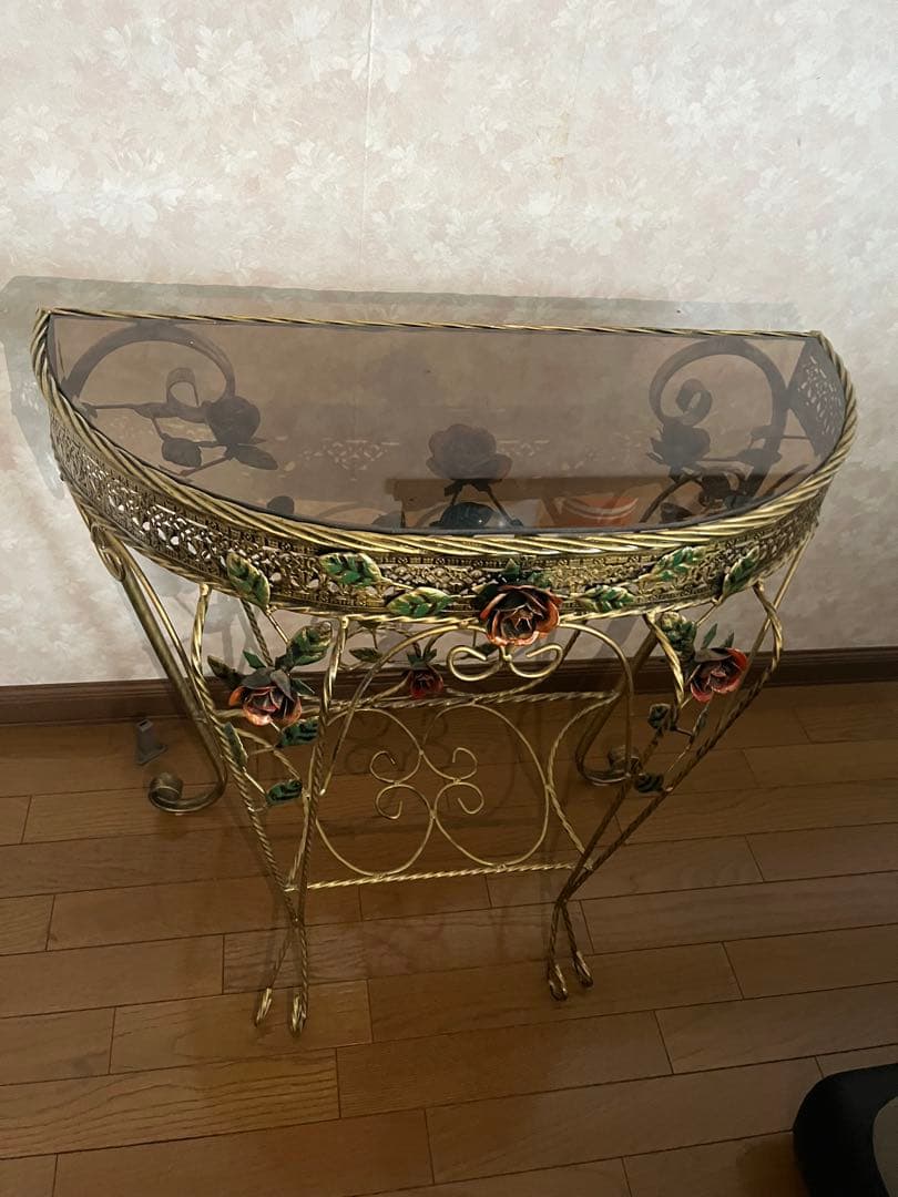 バラガラステーブル、バラアイアンテーブル、花台、フラワーテーブル