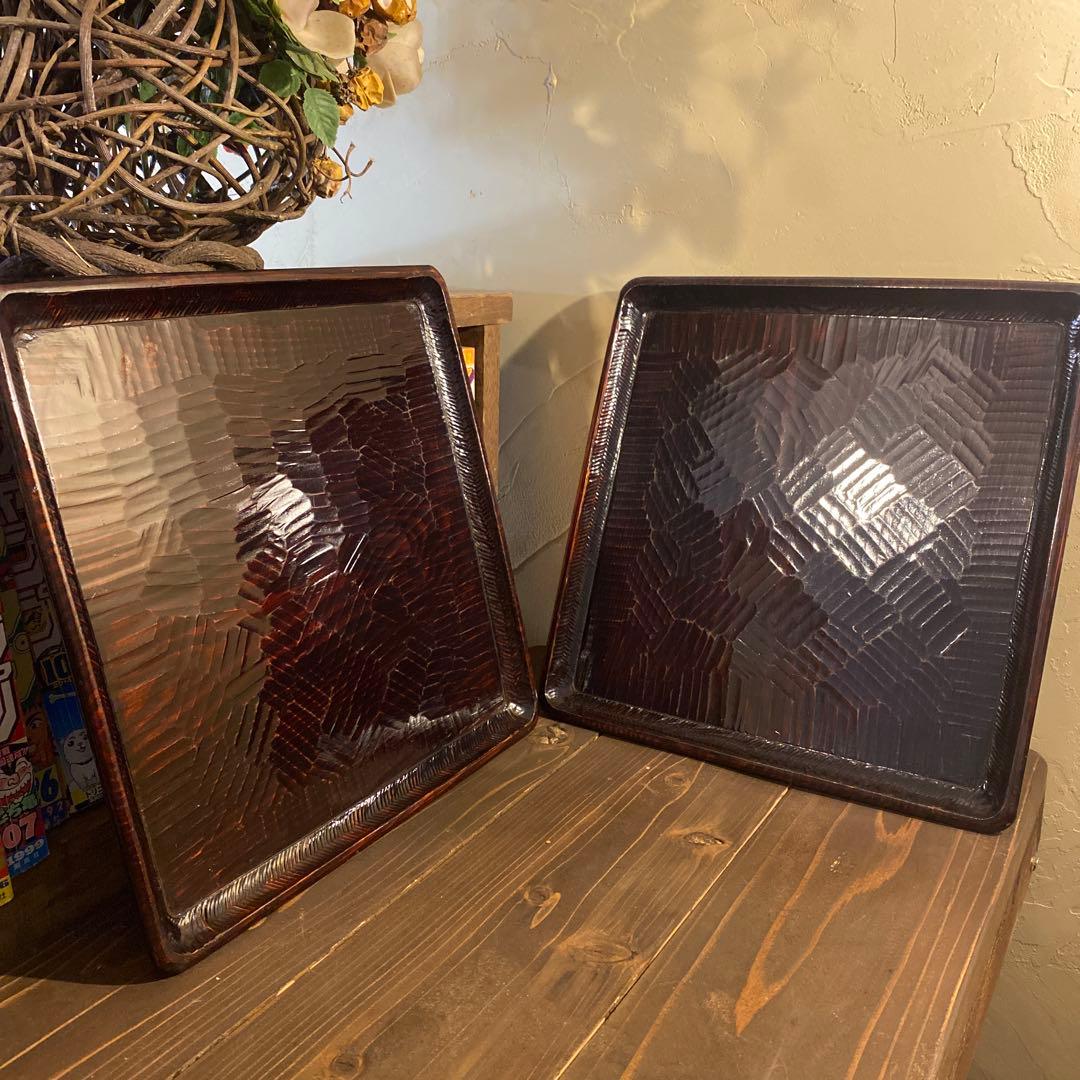 讃岐盆 木製彫刻模様入り正方形 お盆トレー　2つセット 楽天市場】10枚セット トレー お盆 木製 舟型 正角盆 30×30cm 茶 白木