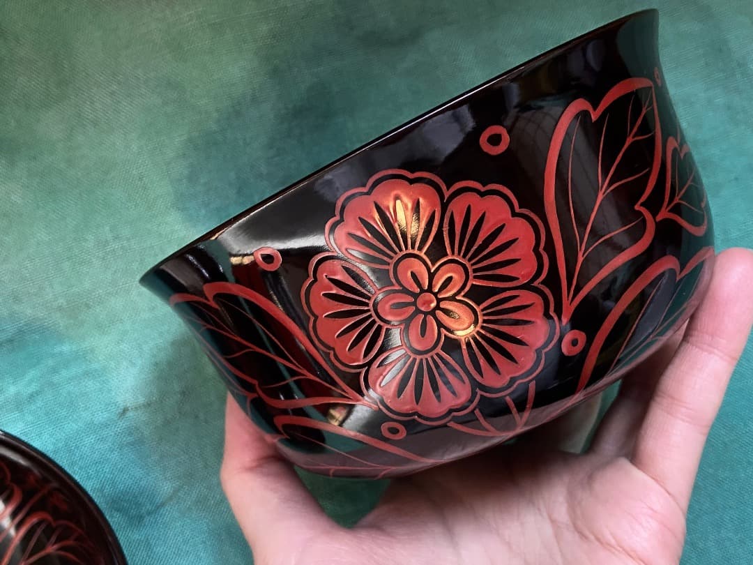 能登蔵出し 時代物 吉野塗 扶養手 蓋付 大椀 2客セット /漆器椀