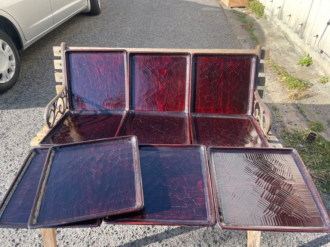 讃岐盆　木製彫刻模様入り　正方形　お盆　トレー　11客 お盆 トレイ レトロ 讃岐彫り 手彫り