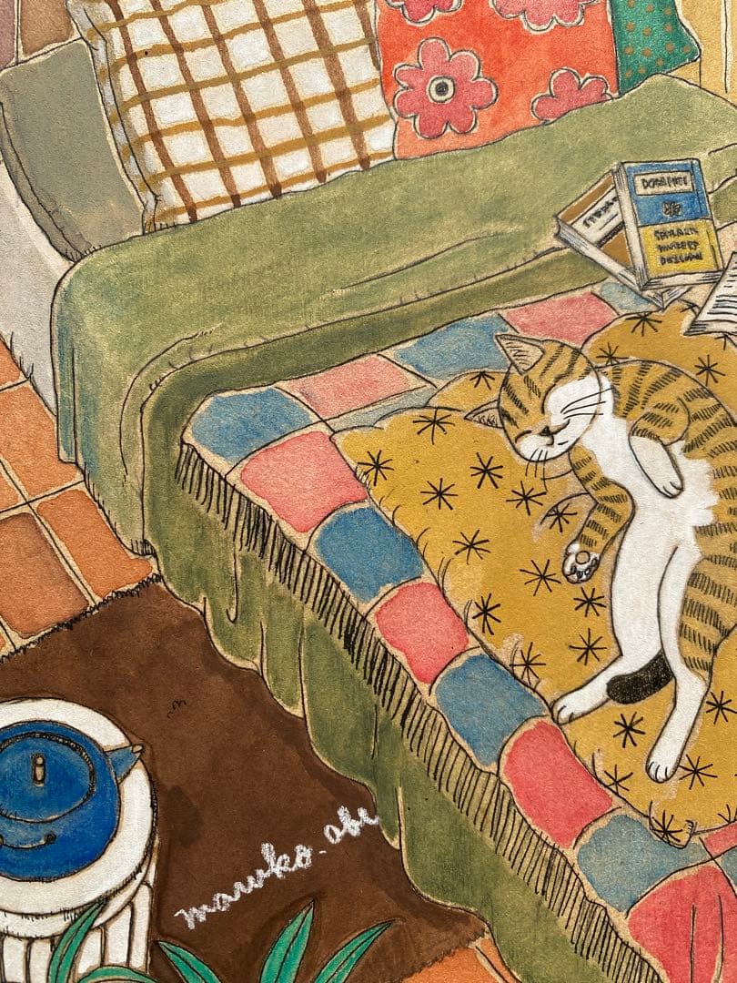 《送料無料》原画「寝室の猫たち」猫イラスト インテリアアート