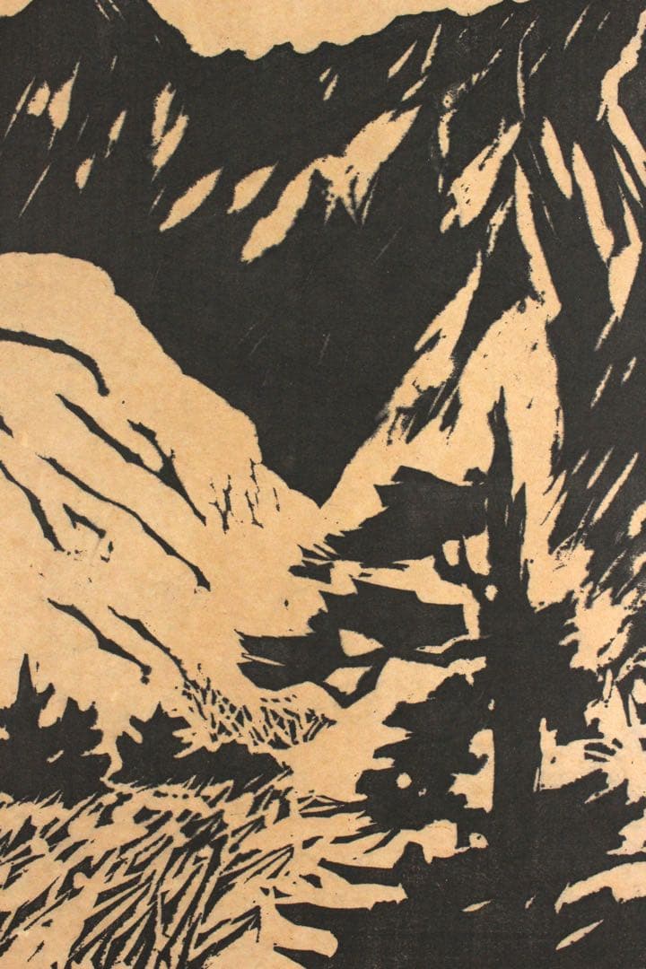 No4652 額装 長谷川富三郎 (無弟) 木版画 大山 直筆サイン 送料無料