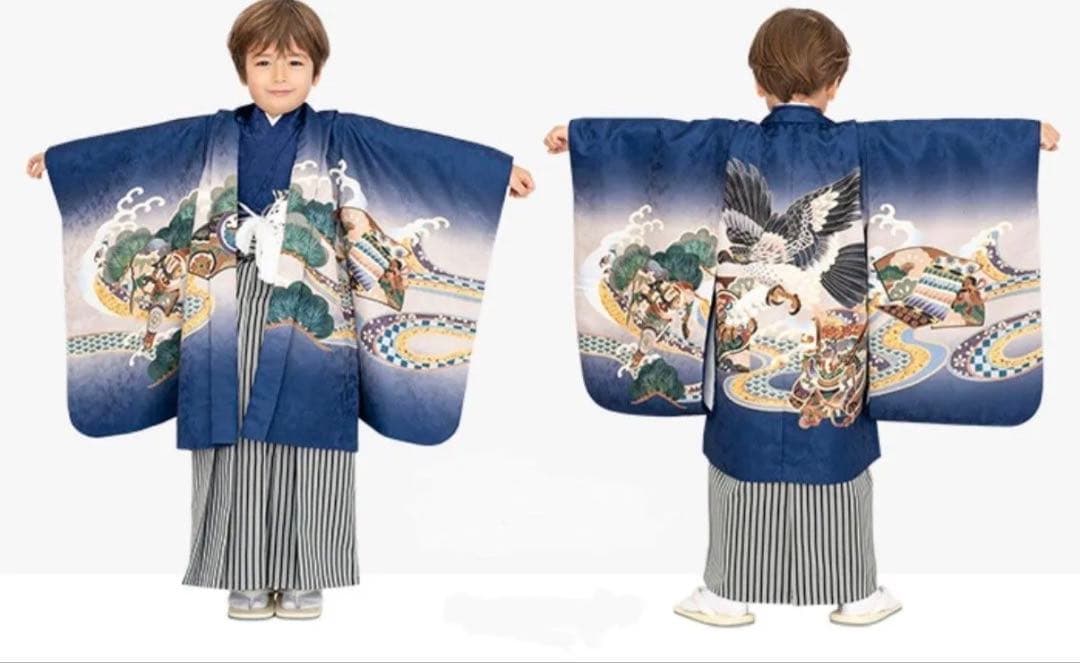 七五三　男の子　5歳　身長小さい子向け　袴　着物　12点セット 七五三 着物 男の子 5歳 羽織袴セット「紫苑色 鷹に波、笹」フルセット