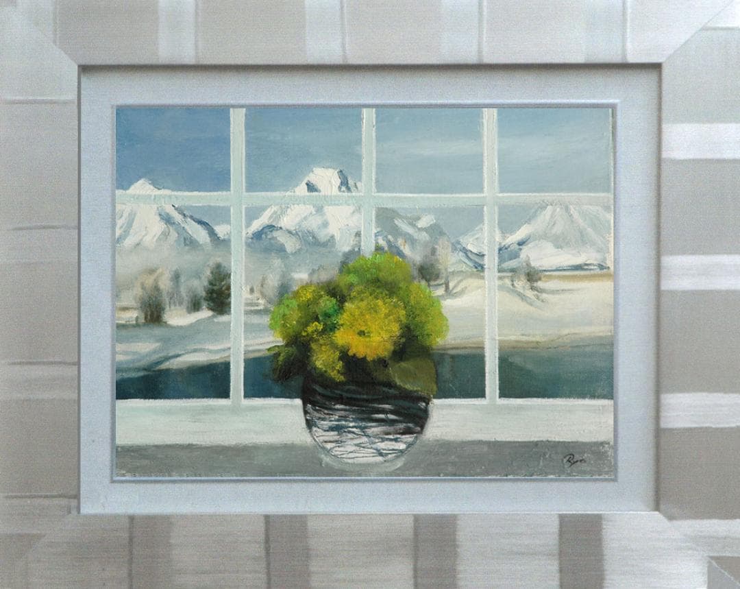 油絵 菅家令子 絵 絵画インテリア 額付(青緑＋金色の枠) F4-070602