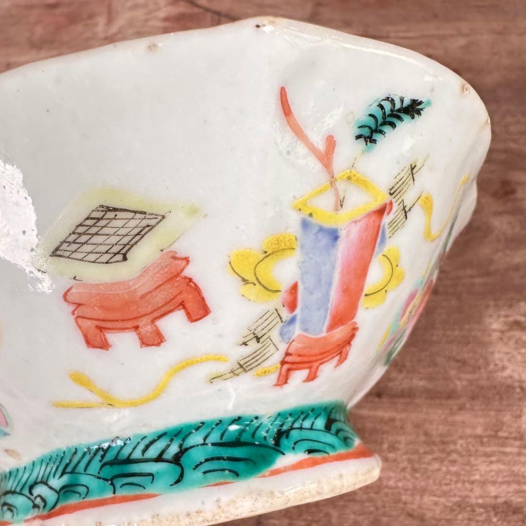 希少 粉彩 五彩花丸文 高台皿 変形鉢 清朝期 中国古玩 中国美術 骨董品