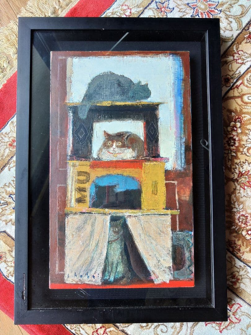猫の時間　松波照慶　M8号　縦　かわいいネコちゃん　油彩画　4匹の猫　松波画伯 伊東拓実 「 赤い扉と二匹の猫 」(2) 油絵 ・ 油彩画 SM ( サムホール
