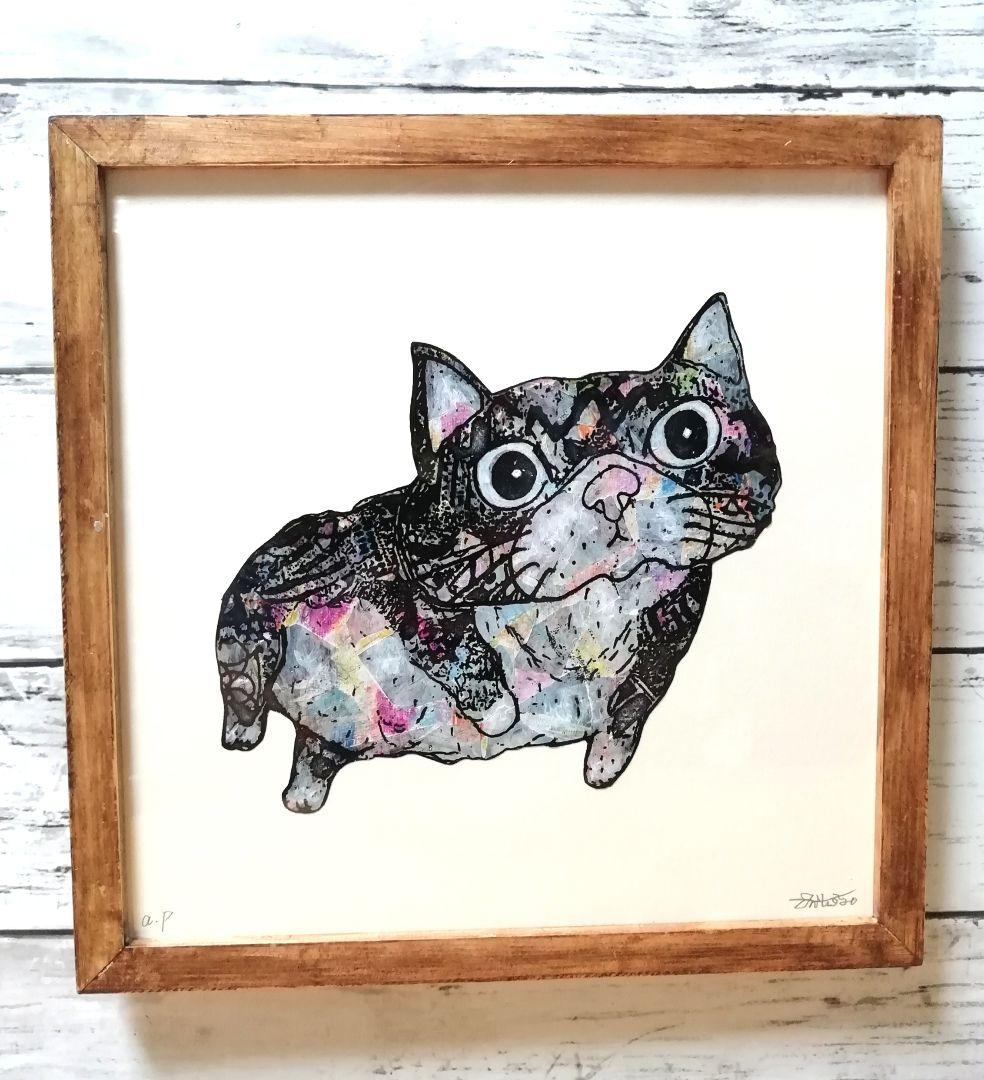 額縁ご確認ページ　プカプカ猫　ひらめき猫×2 おまもり猫 原画：宙を歩く～光を知った猫～（サイズ：F8号（額縁含む 横450mm×縦