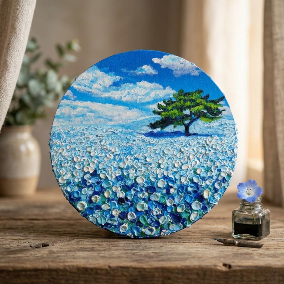 油絵 油彩 油彩画 絵 絵画 円形【ネモフィラの丘】 油絵 油彩 油彩画 絵 絵画【ネモフィラの丘】SM号 | HIROSHI1990