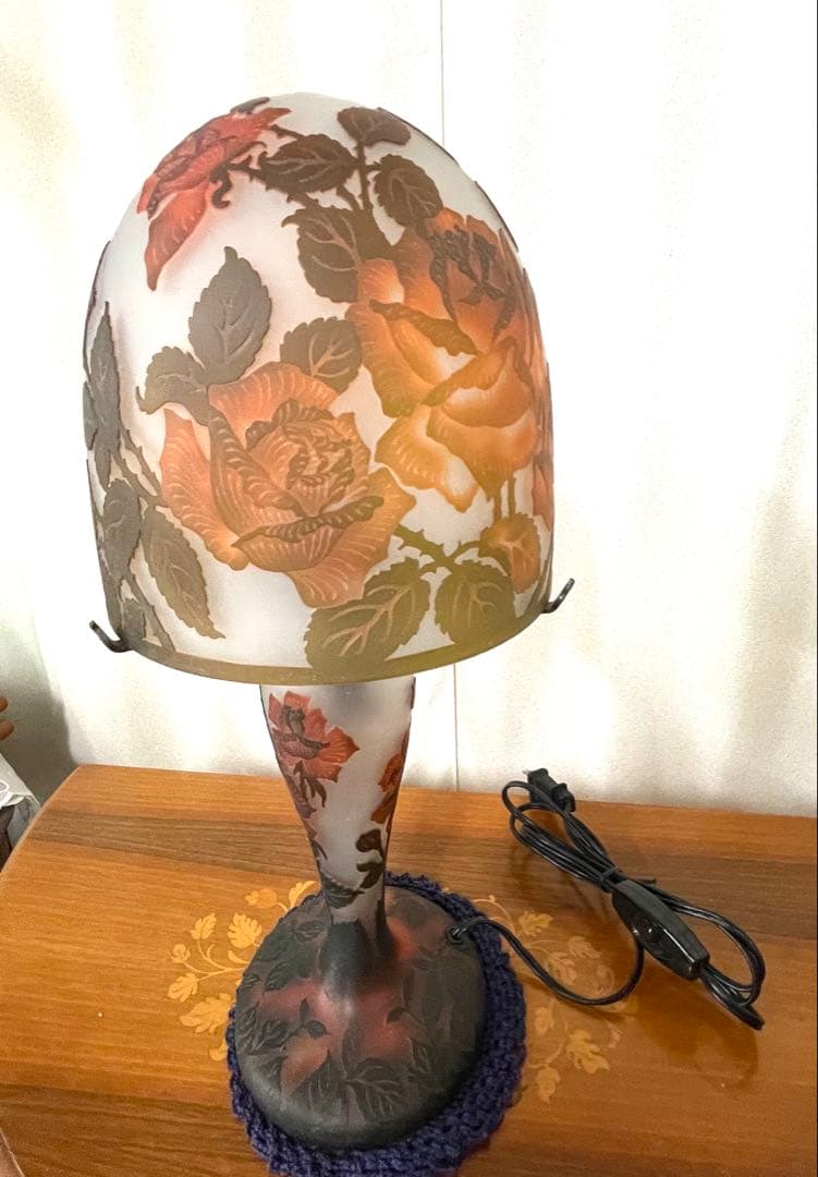 アールヌーボー ガラス2灯ランプ エミール・ガレ風 薔薇柄 美品