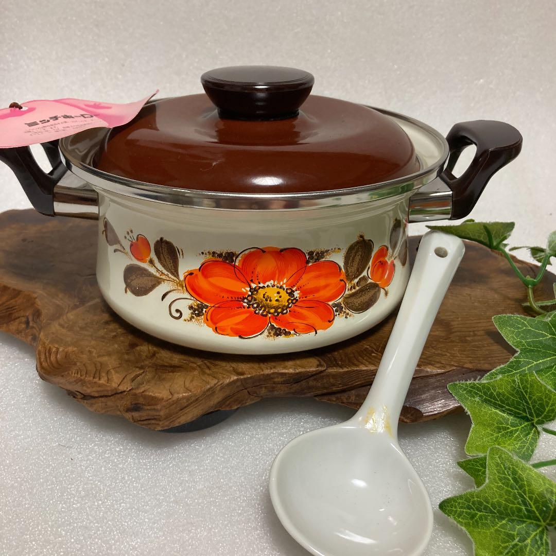 新品 昭和レトロ 江尻ホーロー ホーロー鍋 琺瑯 薔薇柄 両手鍋 レトロ