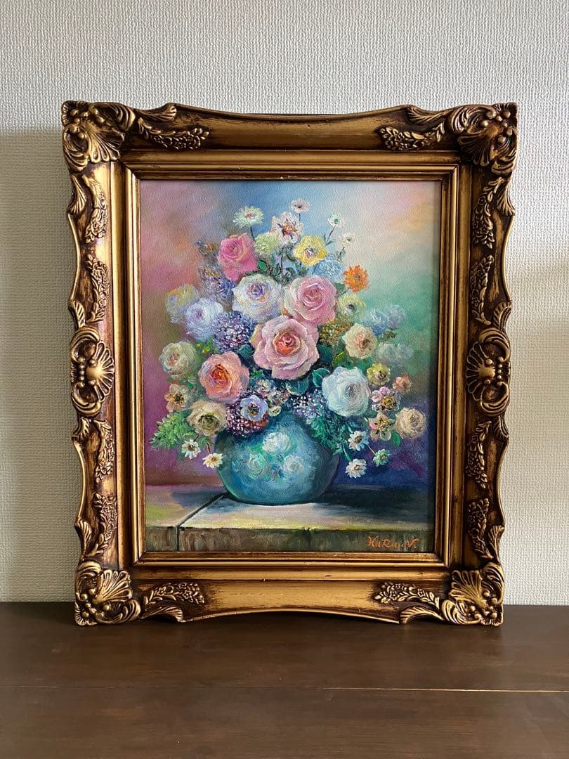 HaRu 薔薇 花 花瓶 1点物 真作 原画 絵画 油絵 ♪ アンティーク 額縁 楽天市場】絵画 油絵 額入り油彩 手描き バラ(黄) 鈴木郁夫 肉筆画 額