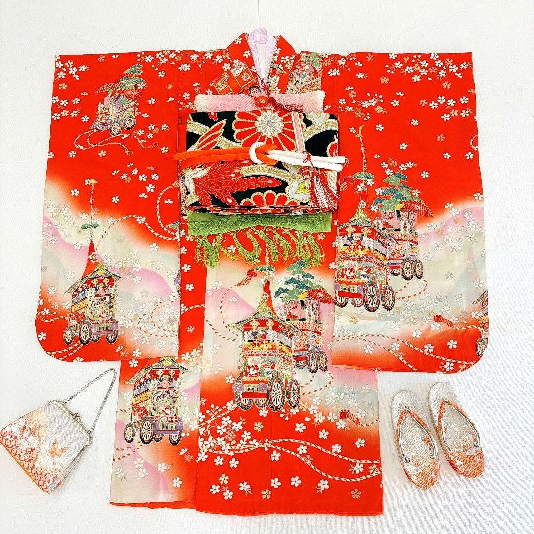 フルセット七五三　7歳女の子　着物＆帯＆簡単半衿＆小物　オレンジ地　比翼　祇園祭 七五三 着物 7歳 四つ身セット(結び帯セット) 女の子 15点フルセット