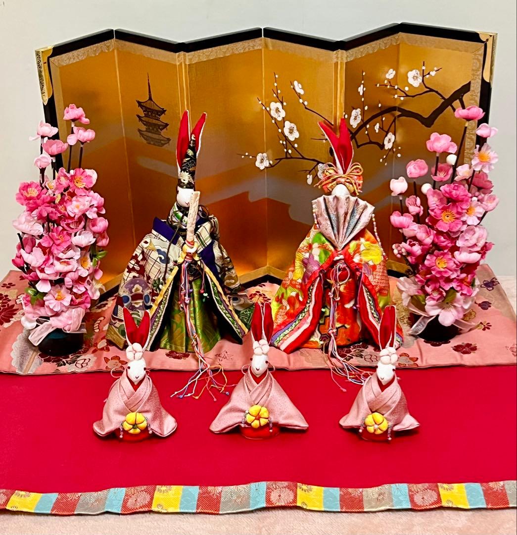 うさぎ雛人形飾り☆ひな祭り☆セット☆三人官女☆古着物再利用☆手作り☆保管品 ひなまつり ひな人形 三人官女 五人囃子 つまみ細工 ひな人形・雛飾り