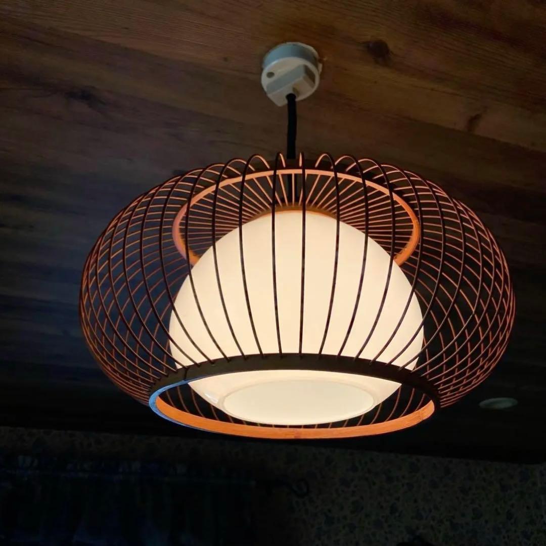 竹細工 天井照明 ペンダントライト 硝子シェード 和モダン 昭和レトロ