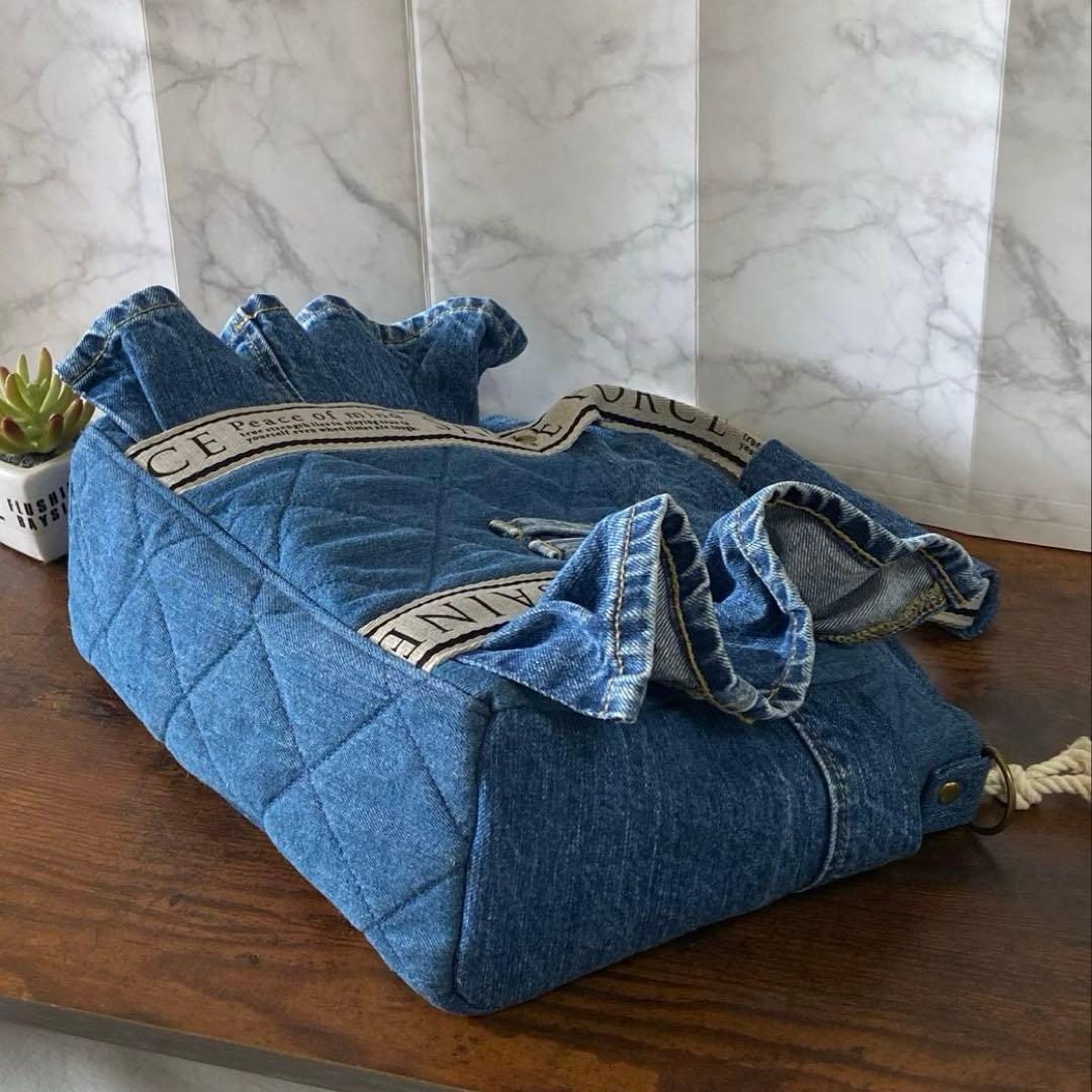 No.64 デニムリメイク【フリルバッグ】トートバッグ ハンドメイド