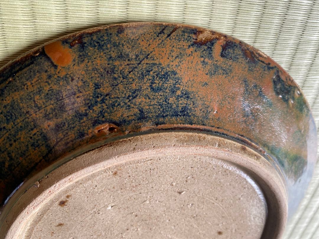 極上！優美大皿人間国宝濱田庄司作 《唐黍文柿釉抜絵皿》（検益子焼浜田庄司