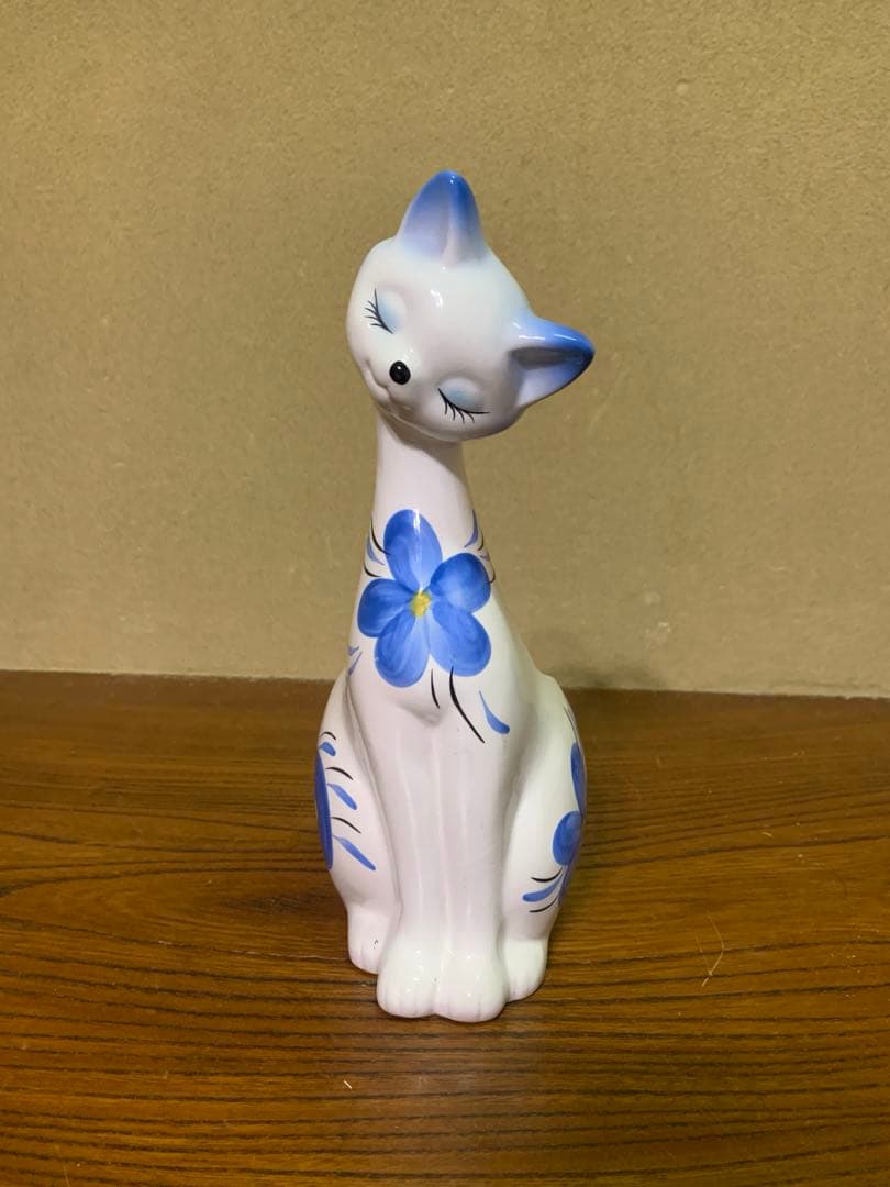 昭和レトロ 陶器製 シャム猫 置物 花柄 ブルー アンティーク 当時物