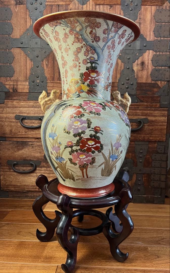 薩摩焼 壺 大型 双耳花瓶 飾壺 獅子耳 花柄 金彩 両耳付