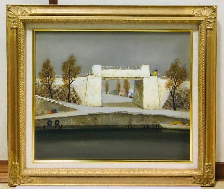 河畔風景　油絵　F8（455×380mm） 絵画 田村隆枝 油絵 肉筆油絵 雪山風景画 点描画 特別寸法 送料無料