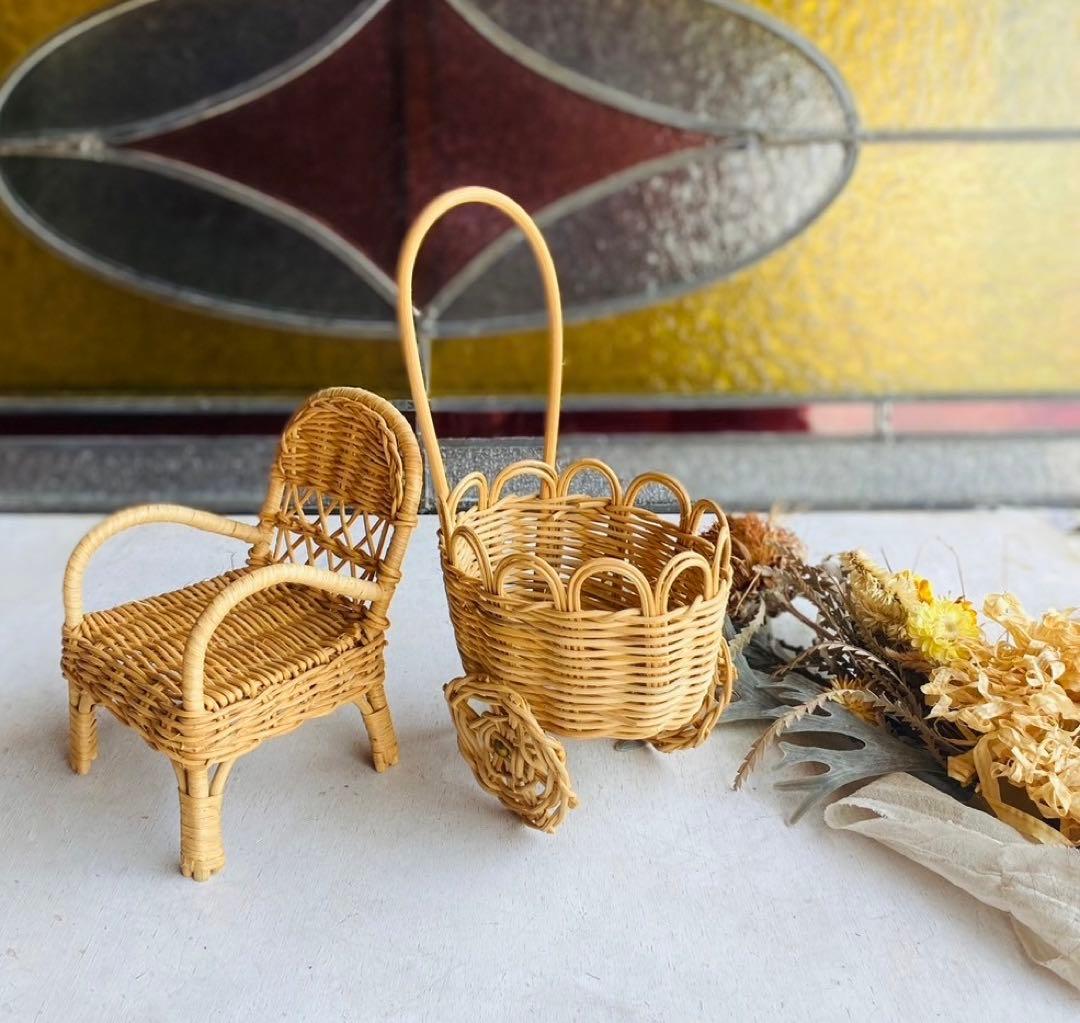 籐 ラタン ミニチュア 椅子 かご インテリア 昭和レトロ セット - メルカリ