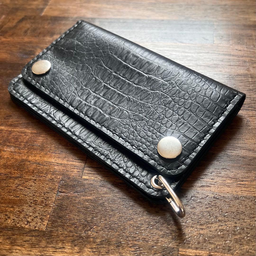 姫路レザー トラッカーウォレット ミドル 黒 クロコ型押し 『紙幣折ら