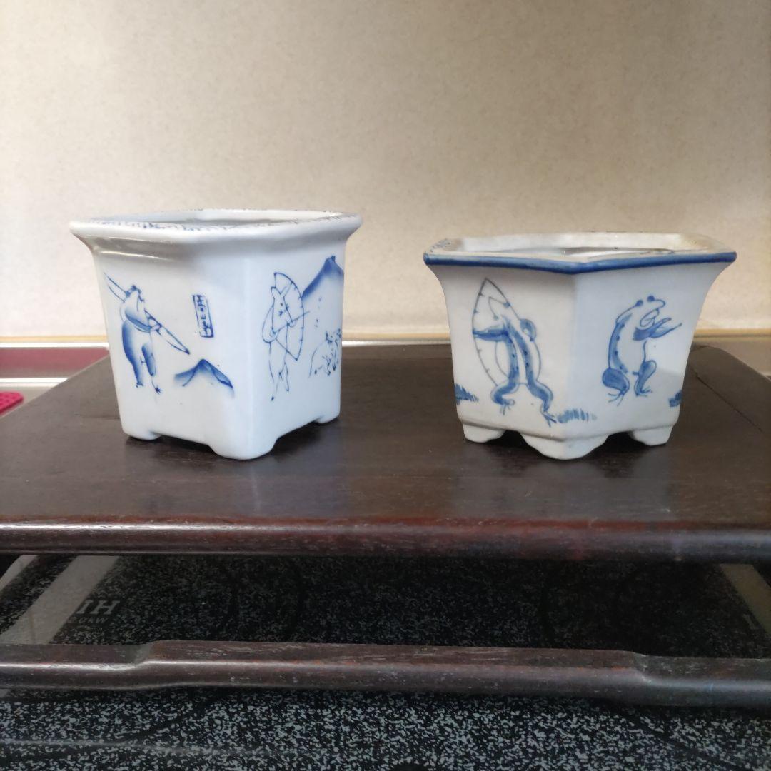 染付鉢髙山寺、鳥獣戯画、盆栽鉢、染付鉢、植木鉢、四方鉢、六角鉢、2