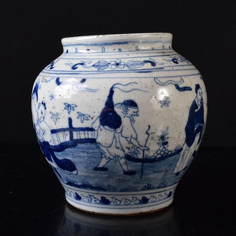 中国　青花　山水人物文　壷　V　R8388