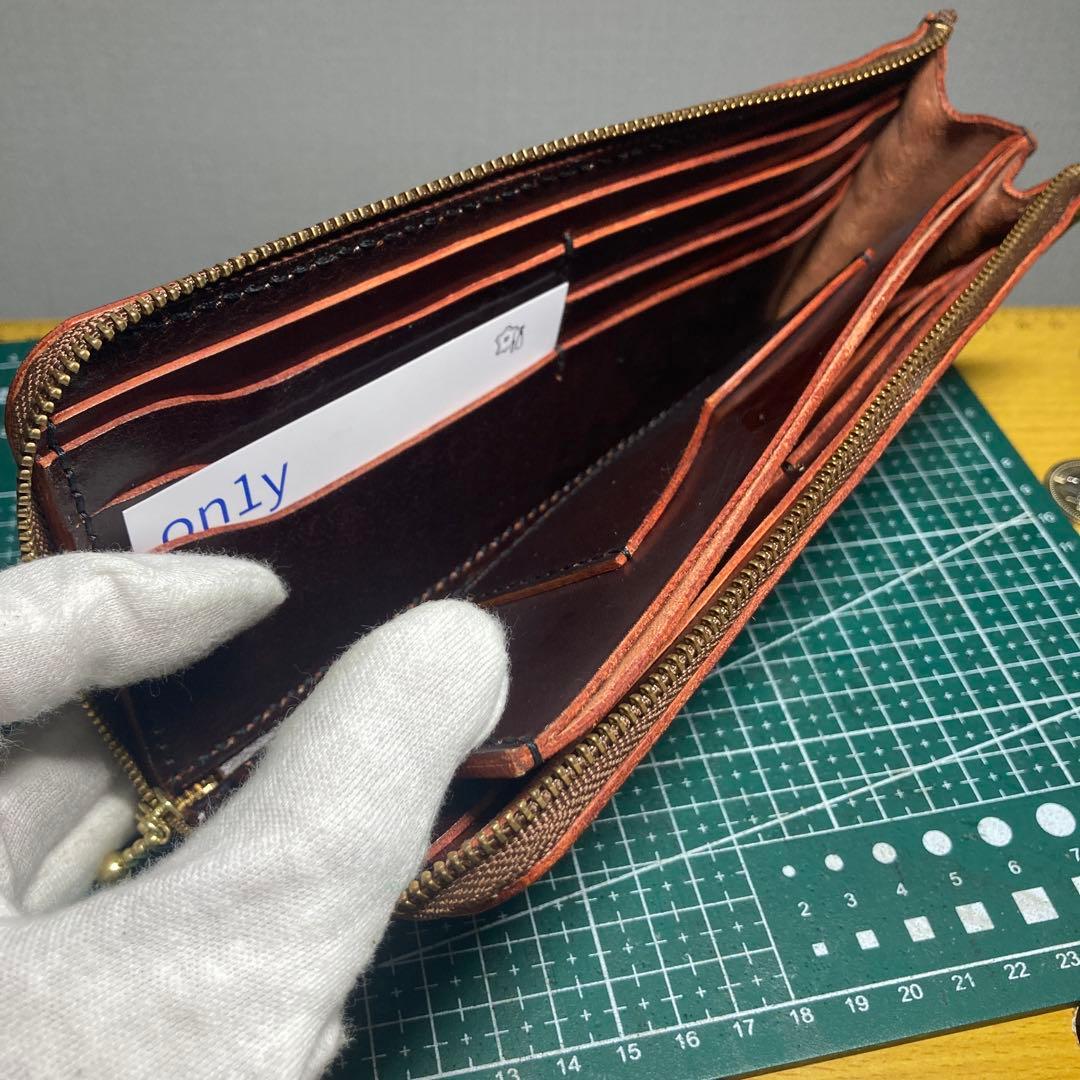 ハンドメイド ブラウンヌメ革レザー長財布 ゴールドファスナー付き
