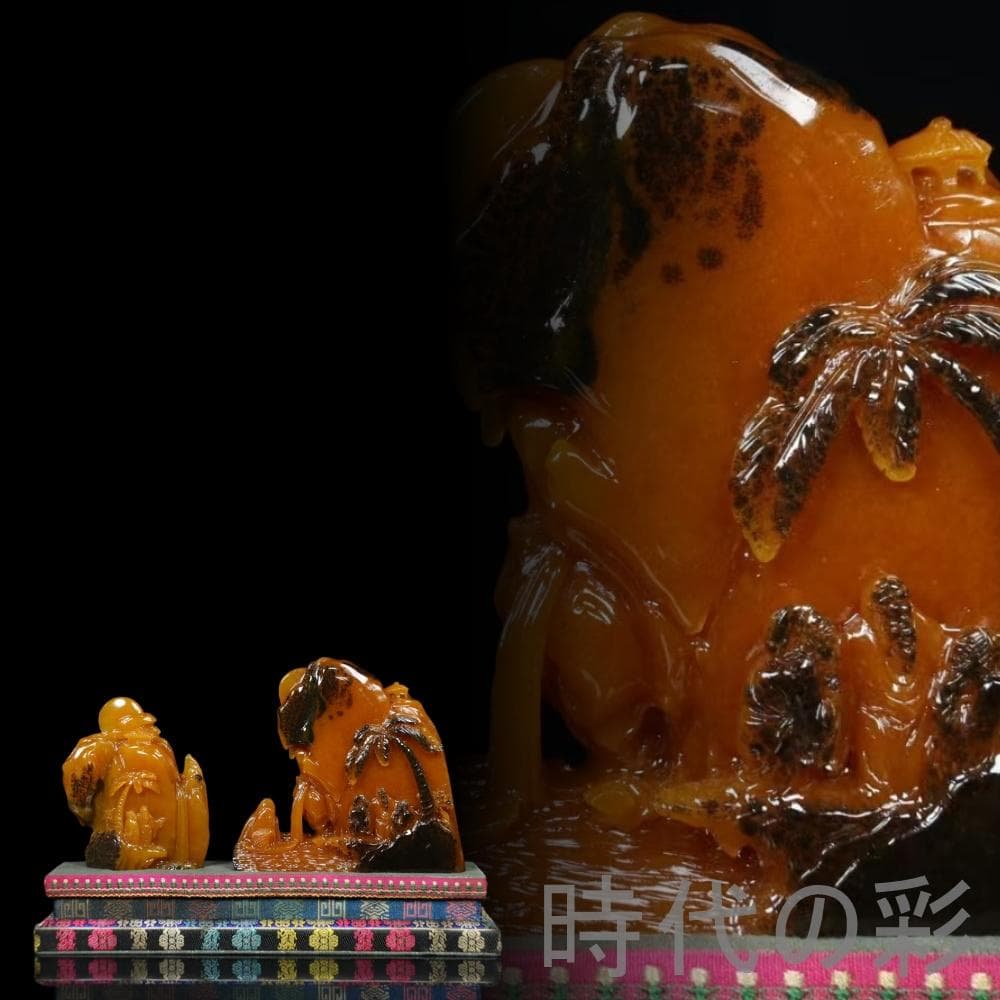 中国古美術【田黄石 山水人物】尚均作款 細密彫 純手彫り 寿山石細作 在銘 擺件 中国古美術 旧蔵珍品 寿山田黄石 彫刻擺件 篆刻家尚均 庚申年作 血絲紋