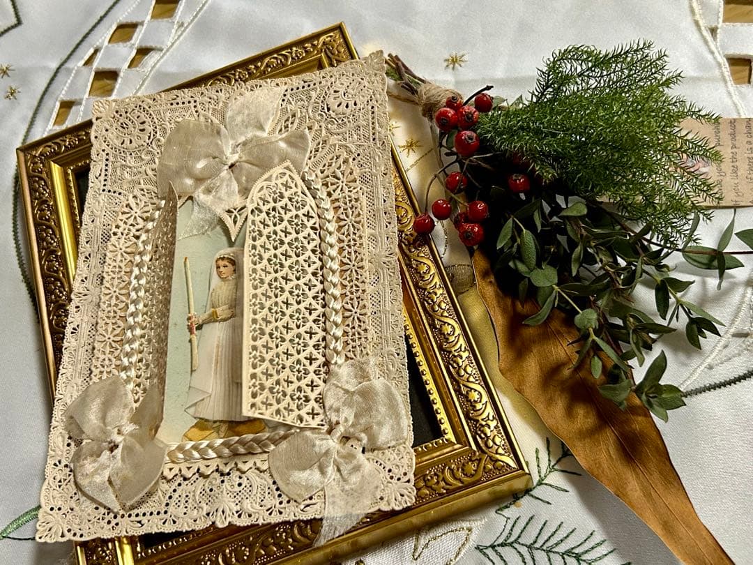 【✨破れなしの美品✨】✳︎フランスアンティーク コミュニオンのカニヴェ✳︎ フランス アンティーク 聖アンナと幼いマリア カニヴェ ホーリーカード