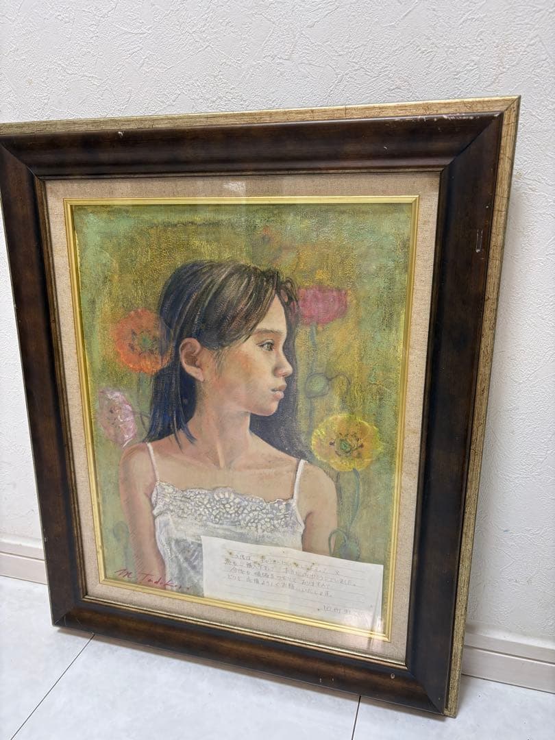 田所雅子 油彩画「少女と花」原画 額装メッセージ付き 直筆サイン有り 田所雅子 「春の予感」 油彩P8号 - 一枚の繪オンラインショップ