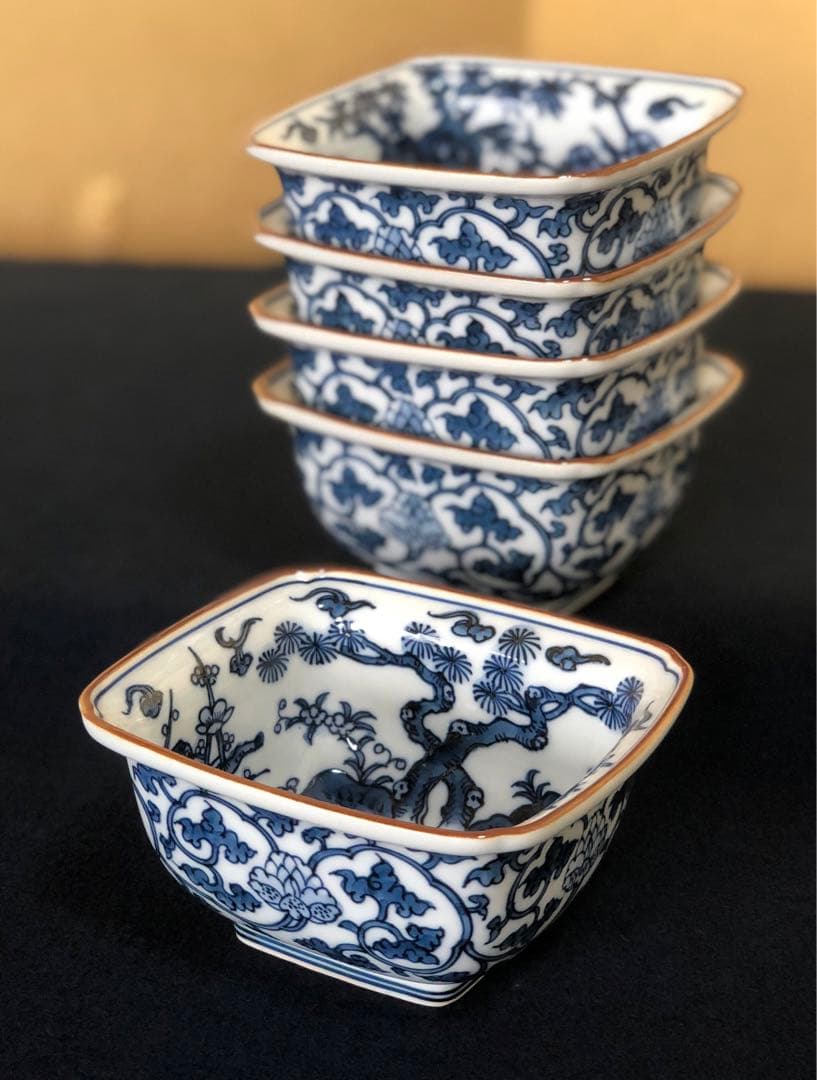 《レ》有田焼 源右衛門作 染付松竹梅 角小鉢5客 共箱 251201お2